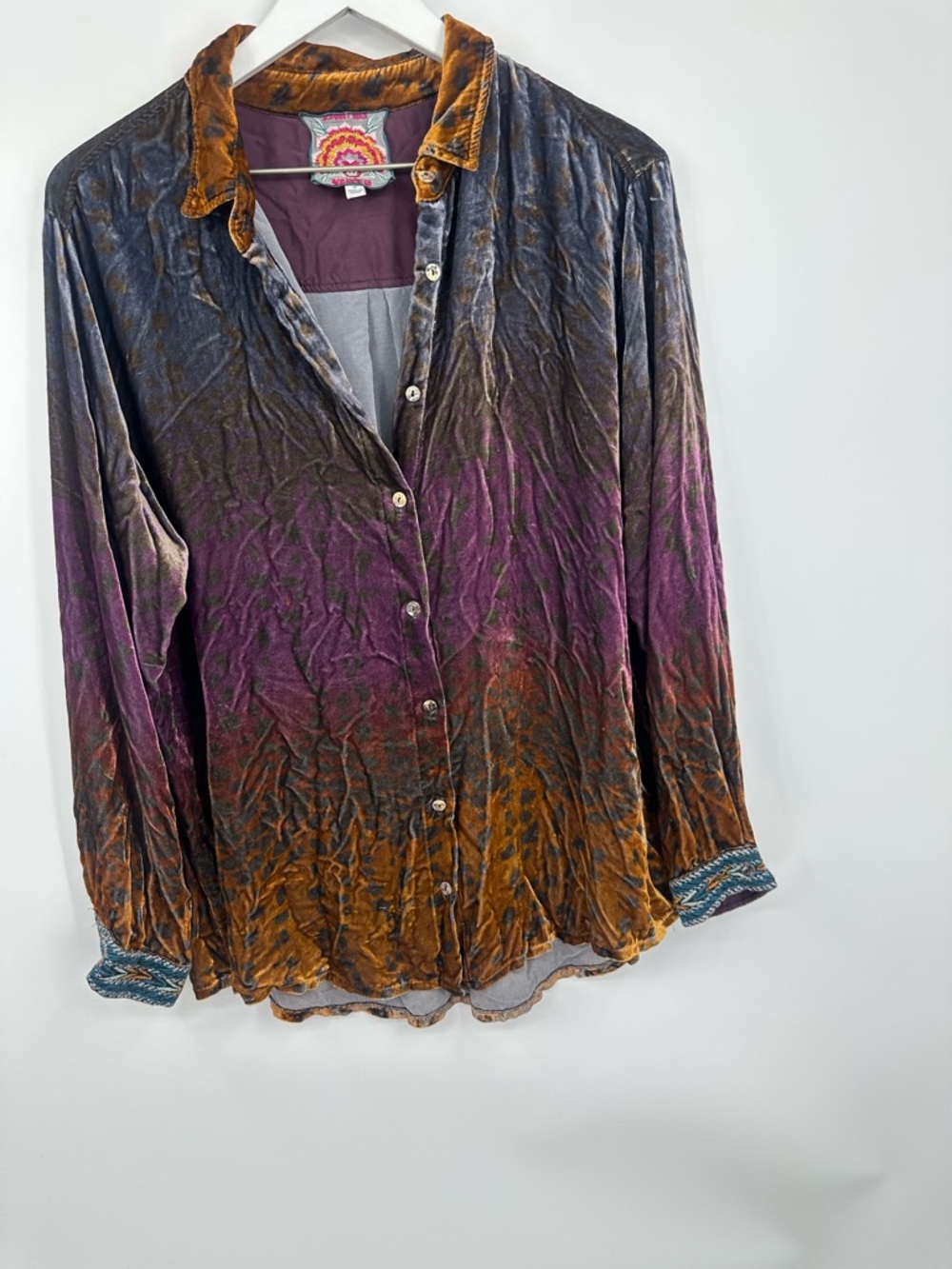 Johnny Was Ombre Cheetah Velvet Oversized Button Up Shirt Size Medium Boho - Picture 9 of 11